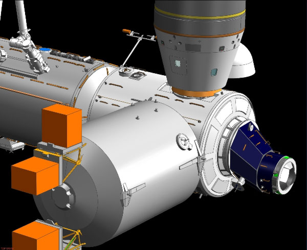 Vue d'artiste de la capsule Dragon amarrée à la Station spatiale internationale (partie américaine)