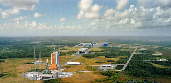 Vue d'artiste du pas de tir de Soyouz à Kourou