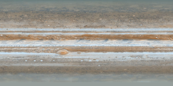 Jupiter en projection stéréographique cylindrique