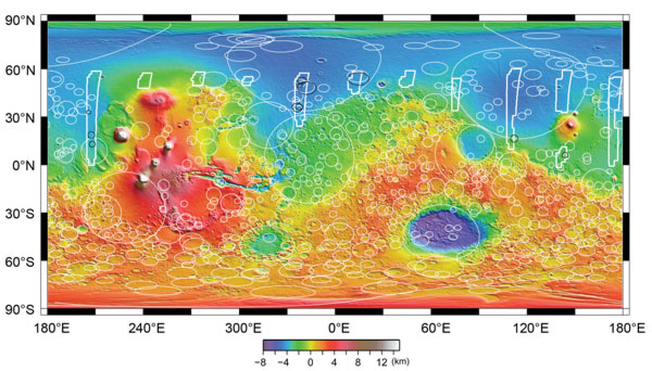 Carte des cratères martiens enfouis tracé à partir des données Marsis