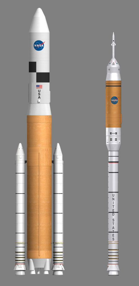Le Cargo Launch Vehicle (gauche) et le CEV et son lanceur, le CLV (Crew Launch Vehicle)