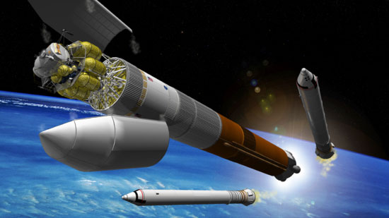 Vue d'artiste du CaVL lancant le Module d'atterrissage lunaire (LSAM)