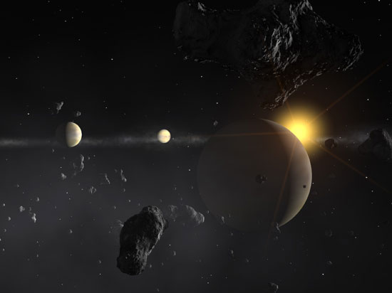 Vue d'artiste des 3 exoplanètes et de la Ceinture d'astéroïdes tournant autour de l'étoile HD 69830