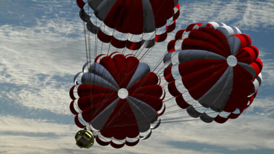 Vue d'artiste du système de parachutes d'Orion